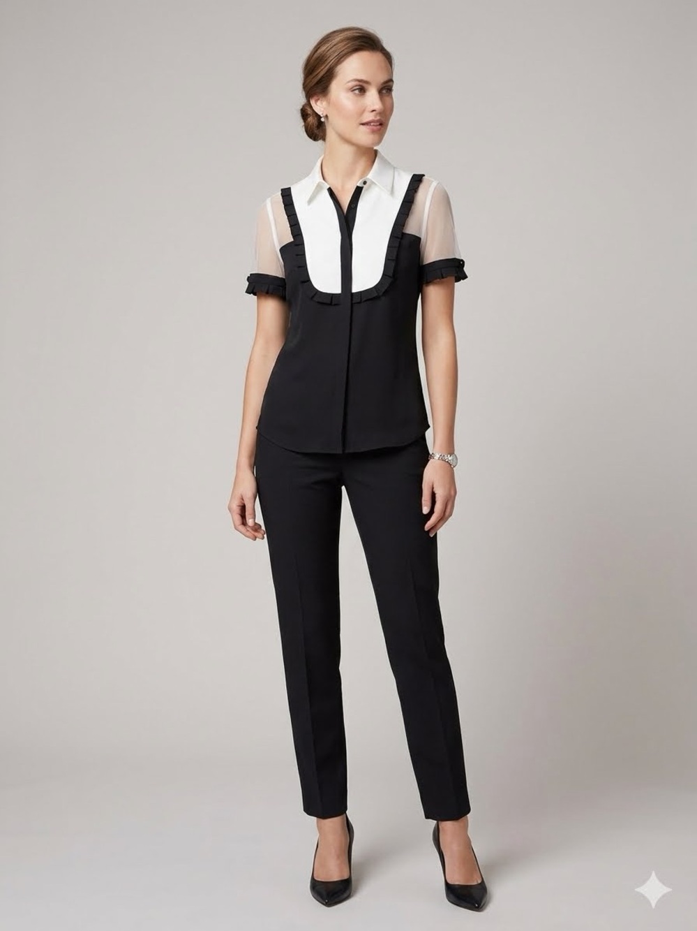 Anne Fontaine Black and White Mixed-Media Short Sleeve Blouse
